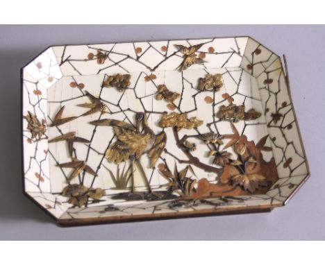 A LATE 19TH CENTURY FRENCH GILT METAL, IVORY AND WOOD INLAID TRAY BY FERDINAND DUVINAGE, RETAILED BY ALPHONSE GIROUX, depicts