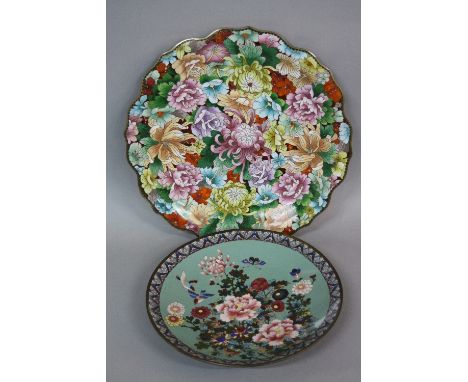 A JAPANESE CLOISONNE CHARGER WAVY RIM, the whole decorated with flower heads and foliage, turquoise enamel underside, the rim