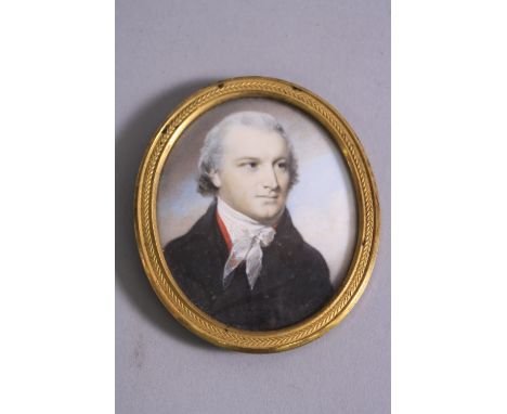 MANNER OF GEORGE ENGLEHEART, half length portrait miniature of a gentleman in a blue jacket, powdered hair, on ivory, oval, g