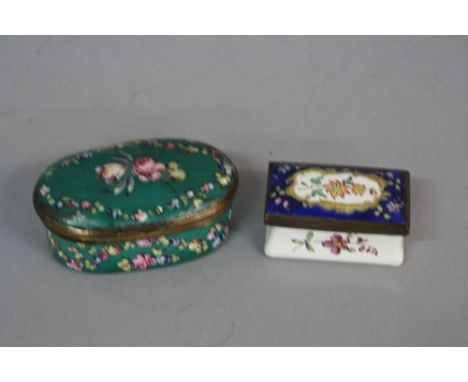 TWO LATE 18TH CENTURY ENAMEL SNUFF BOXES, one oval green ground with floral sprays and swags, oval approximately 7.8cm x 5cm 