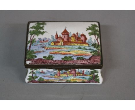 A LATE 18TH CENTURY RECTANGULAR ENAMEL BOX, hinged cover, the exterior printed and painted with a lakeland castle scene to ea