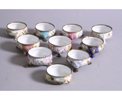 A COLLECTION OF TEN GEORGE III SOUTH STAFFORDSHIRE ENAMEL CAULDRON SHAPE SALTS, circa 1770, various designs including floral 