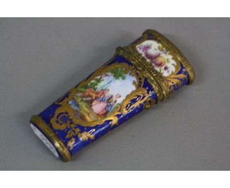 A LATE 18TH CENTURY BLUE GROUND ENAMEL ETUI CASE, the hinged cover painted with three vignettes of fruit, the case with two v
