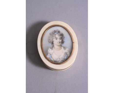 MANNER OF GEORGE ENGLEHEART (1750-1829), a late 18th Century ivory box with yellow metal mount inset with a portrait miniatur