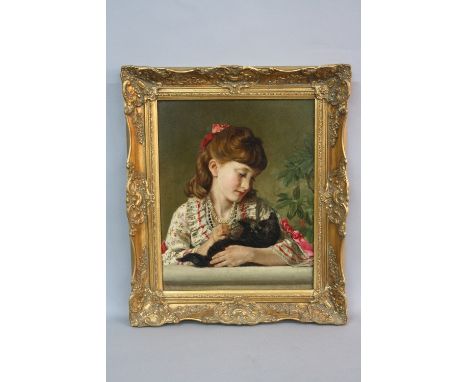 INITIALLED RB, late 19th Century, head and shoulders portrait of a young girl cradling a black kitten in her arms, whilst res