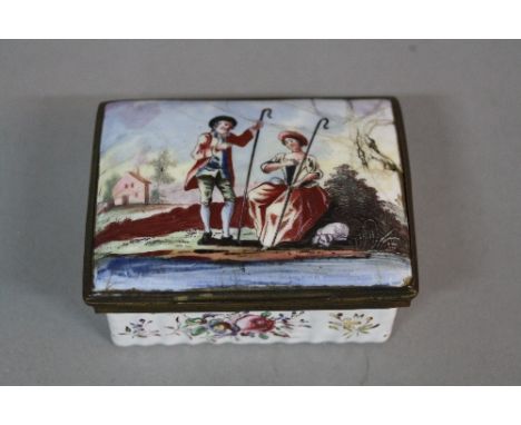 A LATE 18TH CENTURY ENAMEL BOX, of rectangular outline, Bilston type, the hinged cover painted with a shepherd and shepherdes