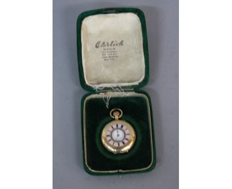 A LADIES FOB WATCH, enamelled case and an engravers monogram to the outer reserve of the case, white enamel dial with black h