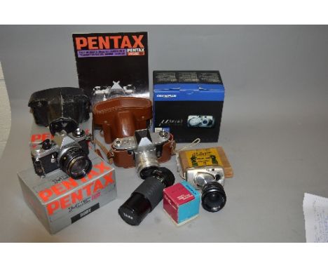 A BOX OF CAMERA EQUIPMENT, including a Pentax ME Super (boxed) fitted with a 50mm 1:1.7 lens, a boxed case (s.d.) for ME, a P