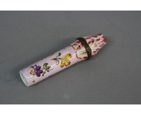 A LATE 18TH CENTURY ENAMEL SCENT BOTTLE PHIAL CASE, possibly Bilston, the top of closed flower form with screw cover, the cyl