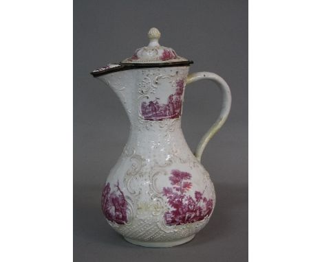 A BATTERSEA ENAMEL BALUSTER SHAPED WATER JUG, circa 1755, double hinged cover knop finial, scroll handle, printed with puce v