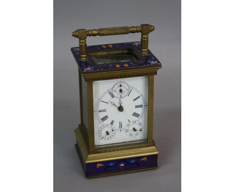 A LATE 19TH CENTURY CLOISONNE AND BRASS CASED CARRIAGE CLOCK, the white enamel dial with four dials including subsidiary seco