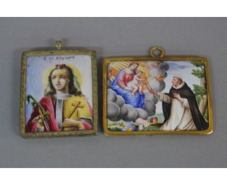 AN ENAMEL PLAQUE PAINTED WITH MADONNA AND CHILD WITH ANGELS, with a kneeling Saint before them, the Christ child giving the S