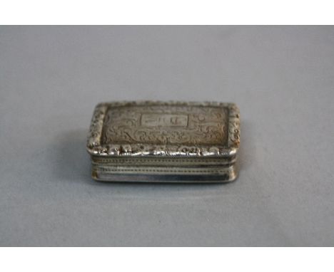 A WILLIAM IV NATHANIEL MILLS SILVER VINAIGRETTE, cast rim, foliate scroll engraving surrounding cartouche with initials, wigg