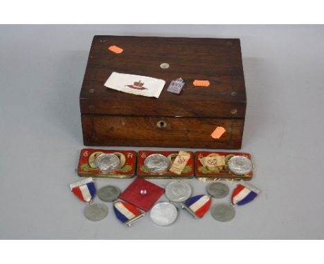 A WOODEN BOX CONTAINING THREE KING EDWARD VII & QUEEN ALEXANDRA 1902 CORONATION MEDALS, in original tins of issue, four 1937 