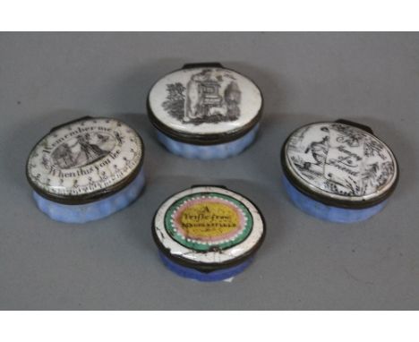 FOUR LATE 18TH/EARLY 19TH CENTURY OVAL ENAMEL PATCH BOX, all with mirrors to the interiors of the hinged lids, inscribed 'Lov