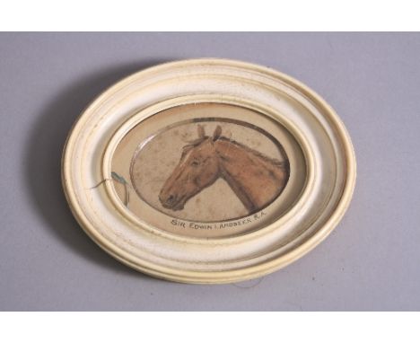 FOLLOWER OF SIR EDWIN LANDSEER, portrait of a brown horses head in side profile, a watercolour, paper torn and foxed, attribu