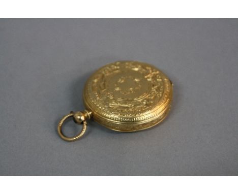 A LATE 19TH CENTURY FRENCH 18CT YELLOW GOLD FULL HUNTER FOB WATCH, white enamel dial, floral decoration to outer case, condit