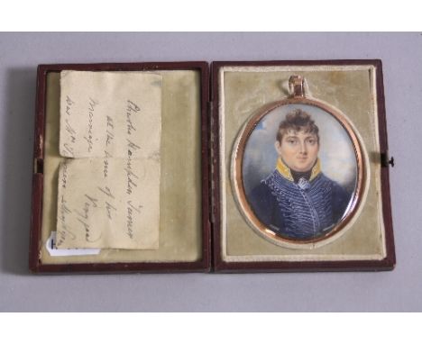 EARLY 19TH CENTURY BRITISH SCHOOL PORTRAIT MINIATURE ON IVORY, head and shoulders portrait of a gentleman wearing military st