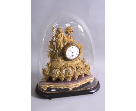 A LATE 19TH CENTURY GILT METAL FIGURAL MANTEL CLOCK, with figure of a boy with oar and fishing net, enamel dial, key and pend