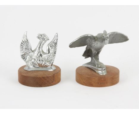 2 Silver plated car mascots - British Rooster cockerel classic car mascot mounted on a wooden base - engraved at bottom REG G