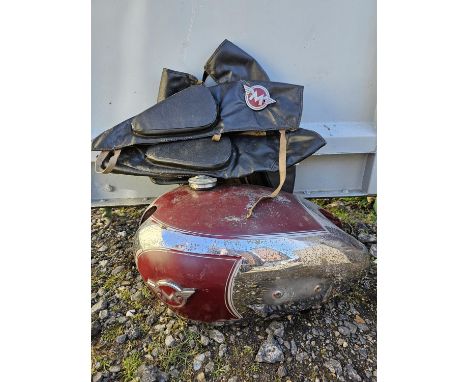 Motor Cycle " Matchless " vintage, silver chrome and red petrol tank and Matchless Motorcycle clothing as well as other Match