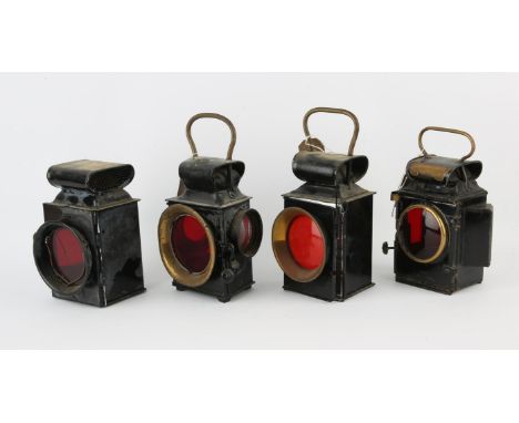 Four black painted red glass Vintage Veteran carriage lamps, including Powell & Hanmal(4)