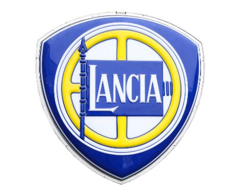 Blue, yellow and white Lancia electric light up sign (130 x 130 cm). Condition Report:  Plug removed, cable cut