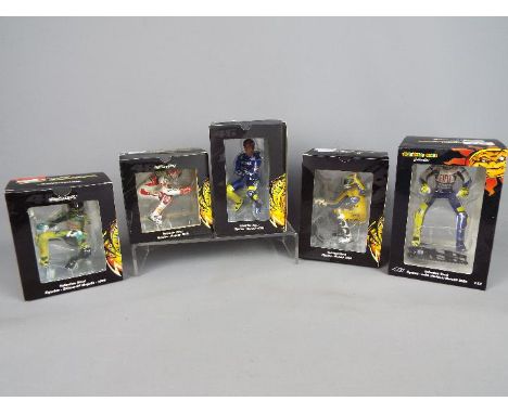 Minichamps Valentino Rossi Collection - five 1:12 scale figurines depicting Valentino Rossi, MotoGP all different, all appear