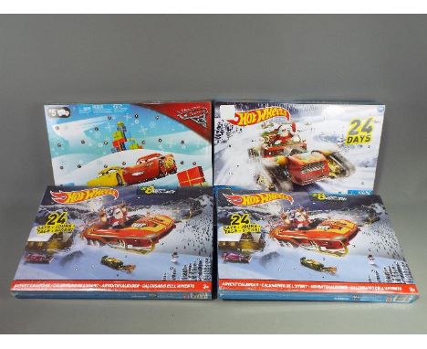 Hot Wheels, Mattel - Four boxed Advent Calendars, three of which are by Hot Wheels and one from the Mattel Disney Pixar Cars 