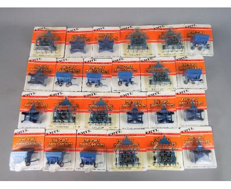 ERTL - approximately 24 diecast 1:64 scale model farm implements, tillage plows (ploughs), wing discs and wagons, all appear 