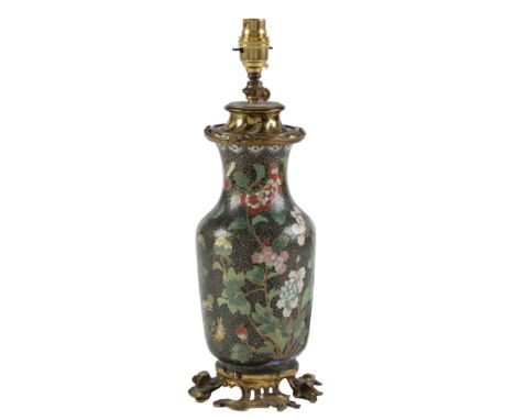 A rococo style lacquered brass oil lamp, incorporating a Chinese cloisonne enamel vase, late 19th c,&nbsp;30cm h excluding la