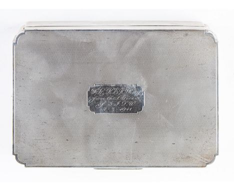 A George VI silver cigarette box, engine turned, cedar lined, 17.5cm l, by Sanders &amp; Mackenzie Ltd, Birmingham 1937  Good