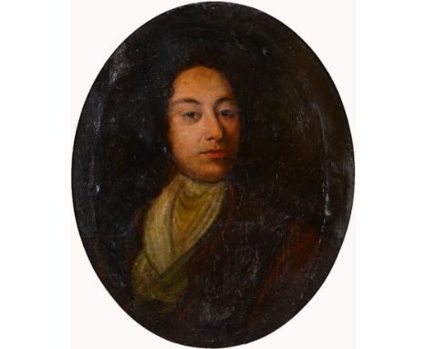 British School - Portrait of a Gentleman, bust length, oval, oil on canvas, 59 x 48cm  Old restoration and patched repairs in