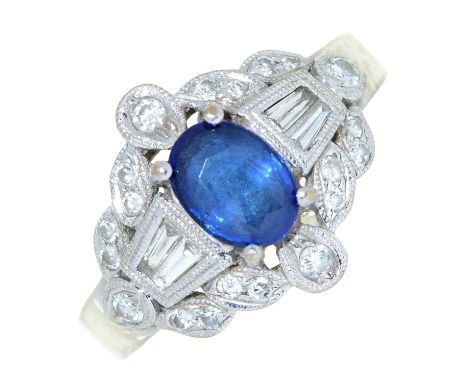 A sapphire and diamond ring,&nbsp; millegrain set in white gold, marked 750 and 0.94 and 0.2, 4.6g, size K  Light wear scratc