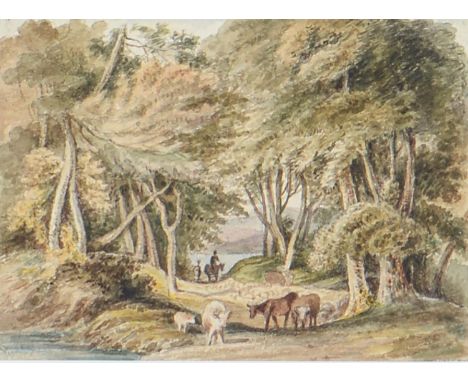 Robert Hills OWS (1769-1844) - Figures and Livestock in a Rickyard; Scene in a Wood with a Distant Lake, two, watercolour ove