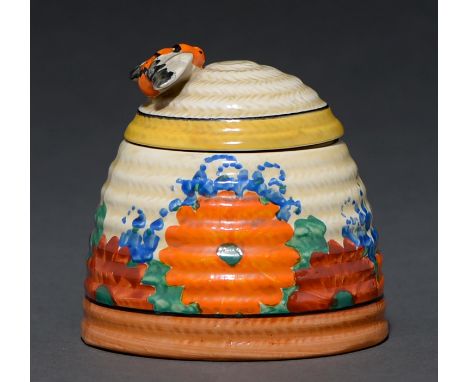 Clarice Cliff. An A J Wilkinson Gayday honey pot and cover, 1930, 90mm, printed mark  Good condition, no restoration