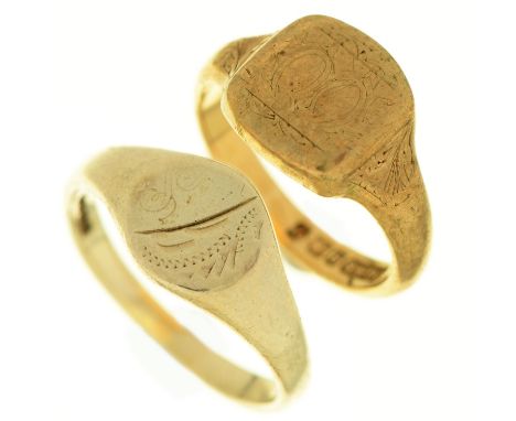 A 9ct gold signet ring and a 9ct white gold signet ring, both Birmingham, one part marked, the other marks obscured, 6.6g, si