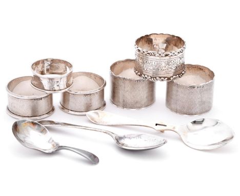 A pair of Elizabeth II silver napkin rings, engine turned, by Lanson Ltd, four others, a jam spoon, caddy spoon and teaspoon,