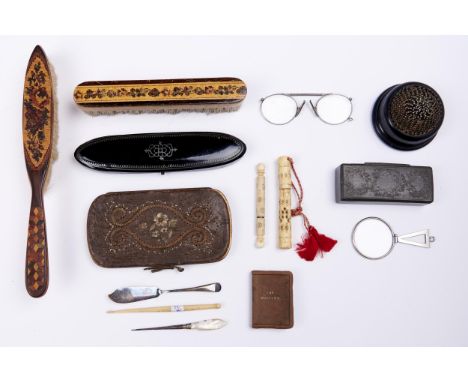  A Victorian Tunbridge ware clothes brush and other contemporary articles, to include spectacle cases and spectacles, pin cus