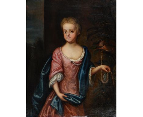 English School, early 18th c - Portrait of Dame Alice Barker, three quarter length in a red dress with pearls and blue stole,