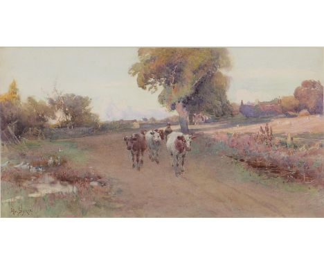 Henry Sikes RBA (1855-1921) - Bringing Home the Cows, signed, watercolour, 19.5 x 37cm  Provenance: Trim Bridge Galleries, Ba