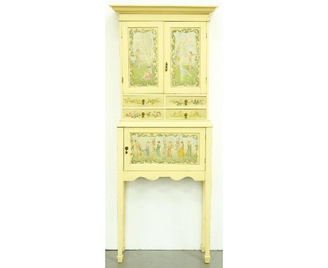 A painted cupboard on stand, 20th c,&nbsp;flared cornice above a pair of panelled doors painted with children and flowers in 