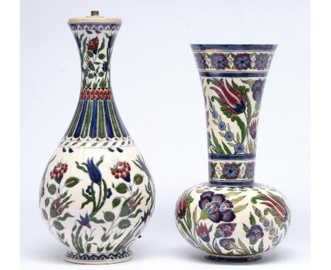 Two similar Zsolnay vases, late 19th c, with Iznik style floral decoration, 33 and 37cm h, impressed and printed marks  Both 