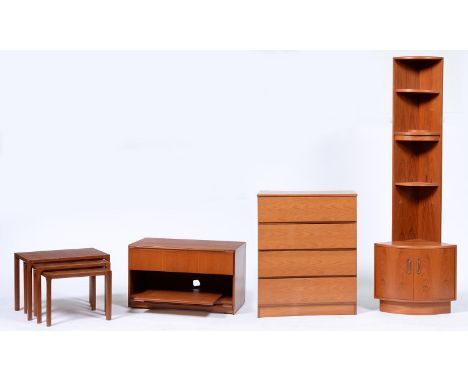 A nest of teak tables, c1970, 44cm h; 38 x 62cm, a teak corner cupboard, chest of drawers and another item (6)  The lot in go