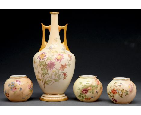 A Royal Worcester two handled vase and three Royal Worcester globular vases of similar shape, c1900, printed and painted with