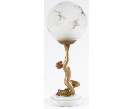 An art deco style table lamp&nbsp; as a cold painted cast metal figure of kneeling girl holding a globe, on stepped circular 