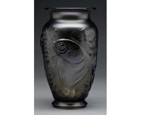 An Art Deco smoke glass vase, c1930,&nbsp; moulded with fan tailed fish, 23cm h  Good condition