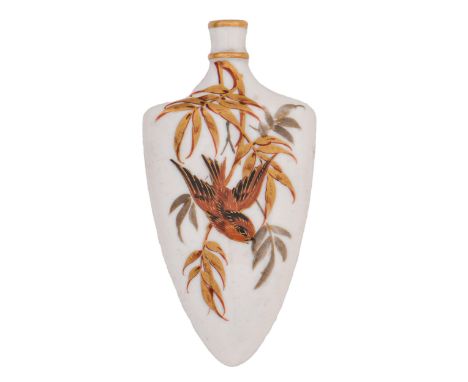 A Royal Worcester scent bottle, c1880, of flattened shield shape, enamelled and gilt with a bird and foliage, 92mm  