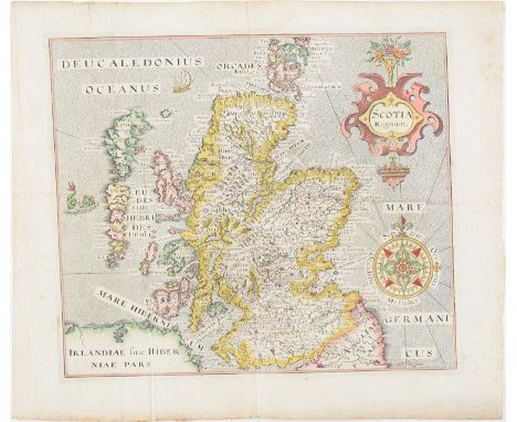 William Hole - Scotland, double page engraved map from the 1637 edition of Camden's Britannia, hand coloured, slightly staine