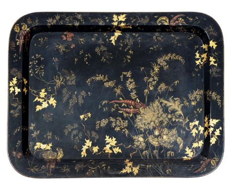 A Victorian papier mache tea tray, c1850,&nbsp; sandwich edged and stencilled in gilt with flowers and foliage in predominant